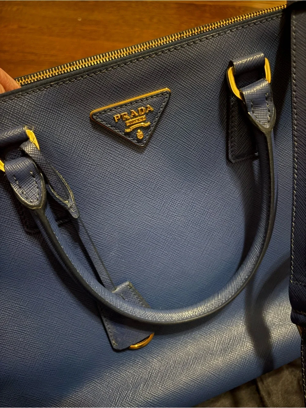 Prada Navy Saffiano Leather Satchel with Gold Hardware